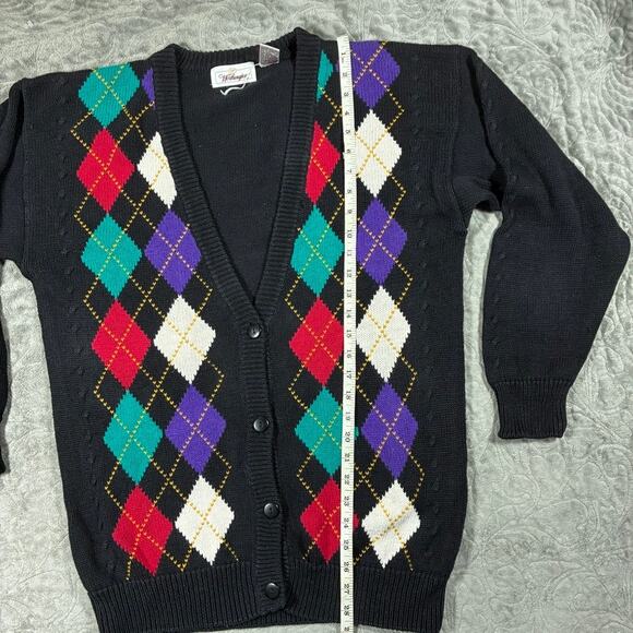 Vintage 90s Argyle Cardigan Womens L Black Cotton Eclectic Grandpa Ugly Sweater - Picture 9 of 9
